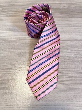 True Forum Pink Blue Gold Striped 100% Silk Men's Necktie Classic Business Tie